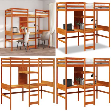 Cama alta sin colchón madera maciza pino marrón cera 75x190 cm - Cama con escritorio - Cama con estantería