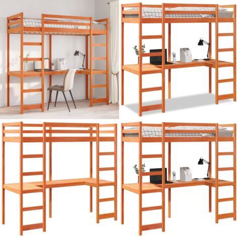 Cama alta sin colchón madera maciza pino marrón cera 75x190 cm - Cama con escritorio - Cama de madera