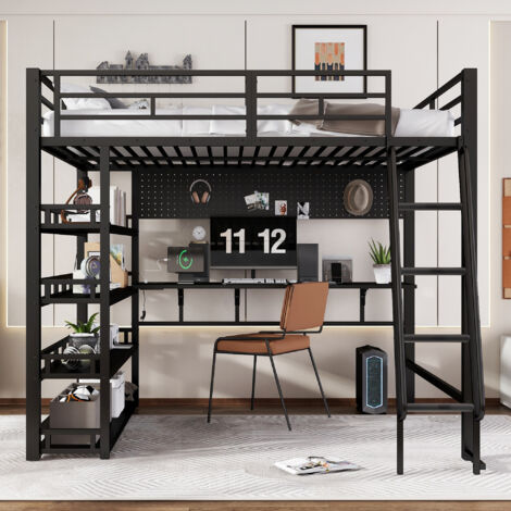 Cama altillo 140x200 cm, con almacenamientos y puerto de carga, de metal, negro, sin colchón