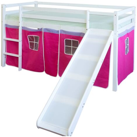 Cama altillo 90x200cm con escalera corredera en madera blanca y lona rosa roja LIT06114