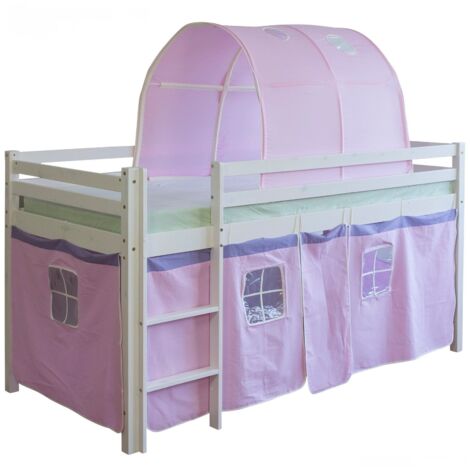 Cama altillo 90x200cm con escalera de lona de madera blanca y túnel rosa LIT06101
