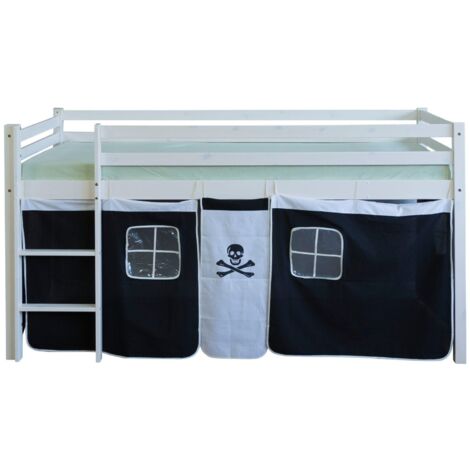 Cama altillo 90x200cm con escalera de madera blanca y lona pirata negra LIT06121