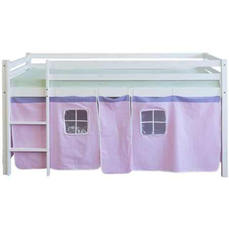 Cama altillo 90x200cm con escalera de madera blanca y lona rosa LIT06123