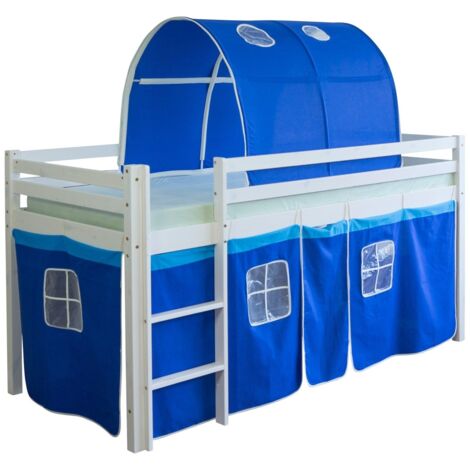 Cama altillo 90x200cm con escalera de madera blanca y túnel azul LIT06102