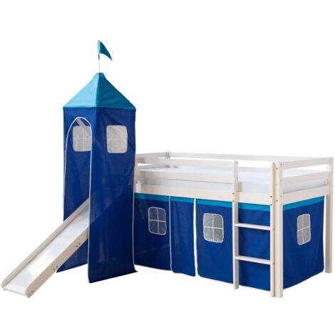 Cama altillo de 90x200cm con escalera corredera de madera lacada en blanco y lona azul incluida LIT06009
