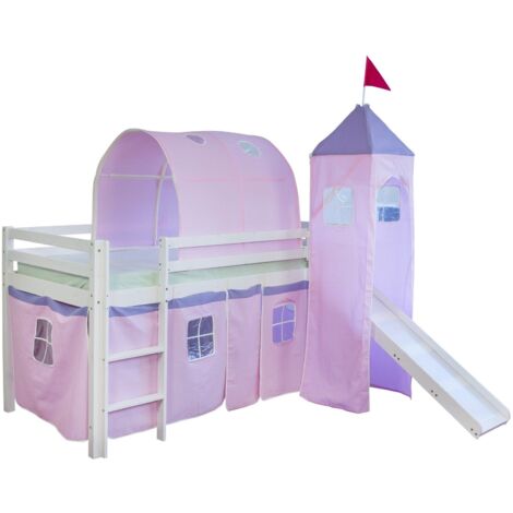 Cama altillo de 90x200cm con escalera corredera en madera blanca y lona rosa incluida LIT06107
