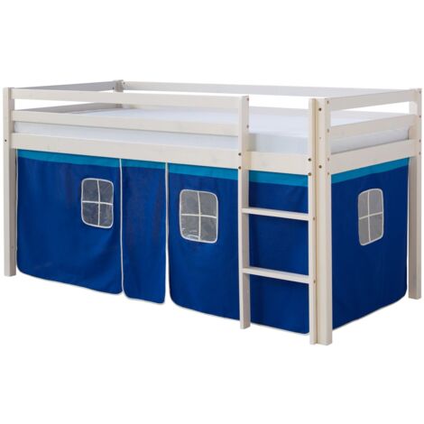 Cama altillo de 90x200cm con escalera de madera lacada en blanco y lona azul incluida LIT06011
