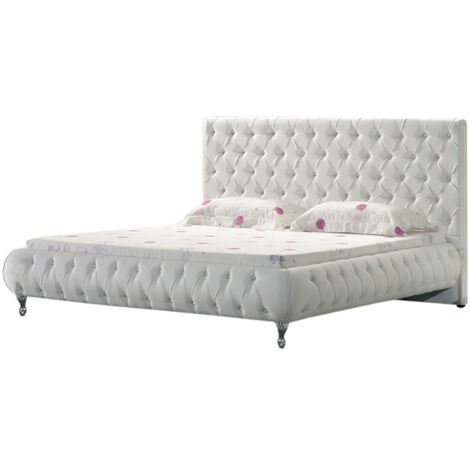 Cama Amour 160x200x42 cm Tapizada en Piel Sintética Blanca  Cabecero Acolchado con 120 cm  MOG Casa