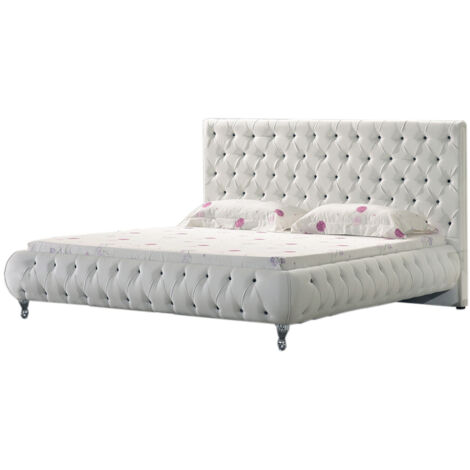Cama Amour 180x200x42 cm Tapizada en Piel Sintética Blanca con Botones Negros Efecto Diamante  Cabecero Acolchado con 120 cm  MOG Casa
