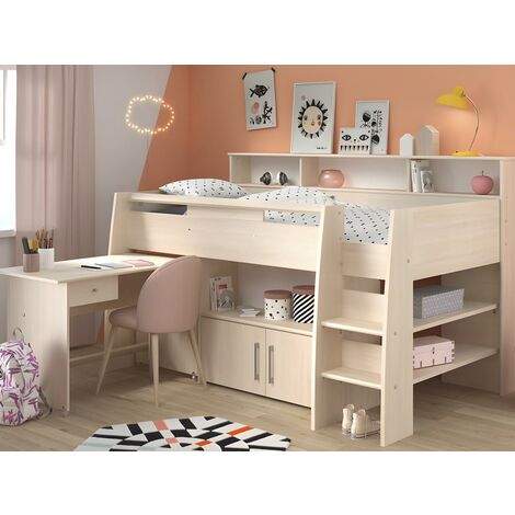Cama APOLINE - Con escritorio y compartimentos - 90 x 200 cm - Color: roble + colchón - Venta-unica - Color natural claro