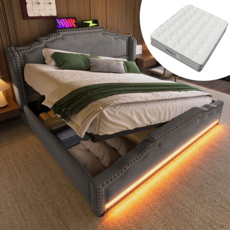 Cama arcón 140×200 cm, Cama Doble con almacenaje hidráulico, LED y USB y Tipo C, con Colchón, Terciopelo, Gris