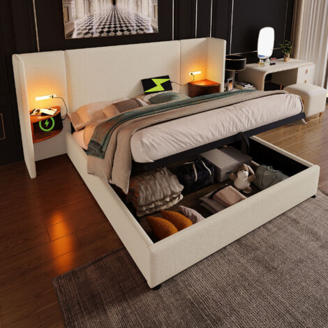 Cama Arcón 160×200 cm, Cama Doble con Estantería, Lámpara de Lectura y USB, Tipo C, sin Colchón, en Lino - Beige