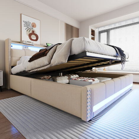 Cama Baúl 180x200 Cm Canapé Elevable Tela Beige