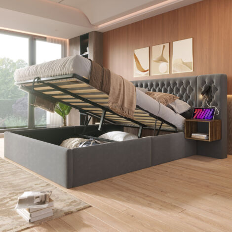 Cama Baúl 180x200 Cm Estructura Terciopelo Gris Iluminación USB