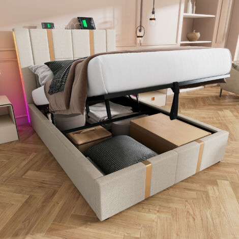 Cama Baúl 90x200 Cm Canapé Elevable LED Y USB Tela Beige