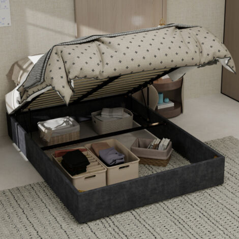 Cama Baúl - Cama 140x200 cm - Equipada con Elevadores Neumáticos - Tela de Terciopelo Holandés Gris - Sin Cabecero Ni Colchón
