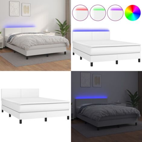 Cama box spring colchón y LED cuero sintético blanco 140x190 cm - Colchón LED - Cuero sintético