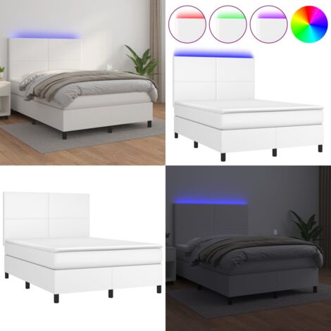 Cama box spring colchón y LED cuero sintético blanco 140x200 cm - Colchón con LED - Cuero sintético