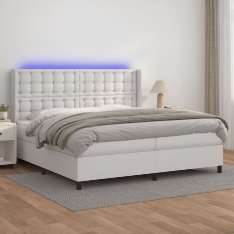 Cama box spring colchón y LED cuero sintético blanco 200x200 cm