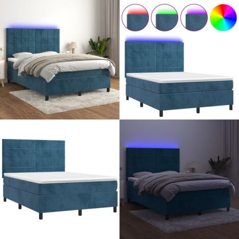 Cama box spring colchón y LED terciopelo azul oscuro 140x190 cm - Colchón con luz LED - Cama de terciopelo