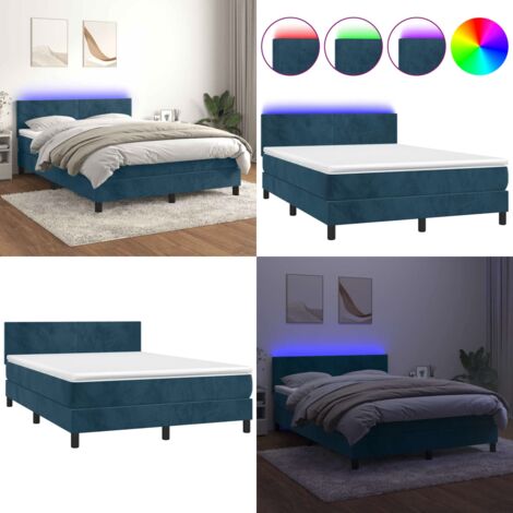 Cama box spring colchón y LED terciopelo azul oscuro 140x200 cm - Colchón LED - Terciopelo azul oscuro