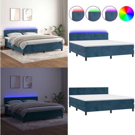 Cama box spring colchón y LED terciopelo azul oscuro 160x200 cm - Colchón con luz LED - Cama box spring