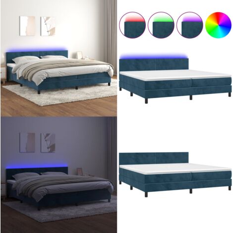 Cama box spring colchón y LED terciopelo azul oscuro 200x200 cm - Colchón de muelles ensacados - Terciopelo azul oscuro