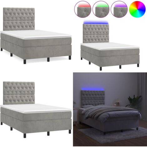 Cama box spring colchón y LED terciopelo gris claro 120x190 cm - Colchón con luz LED - Cama con cabecero ajustable