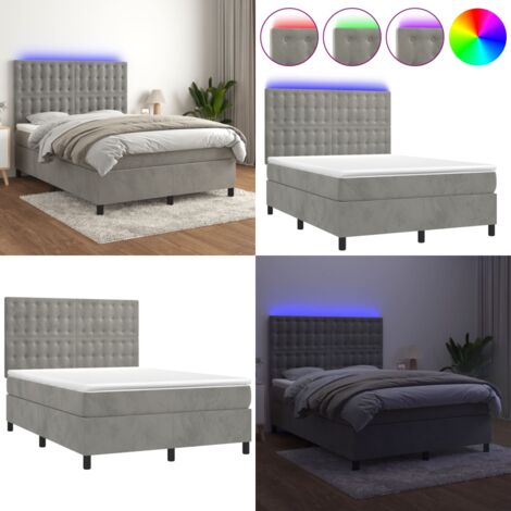 Cama box spring colchón y LED terciopelo gris claro 140x200 cm - Colchón con LED - Cama con cabecero ajustable