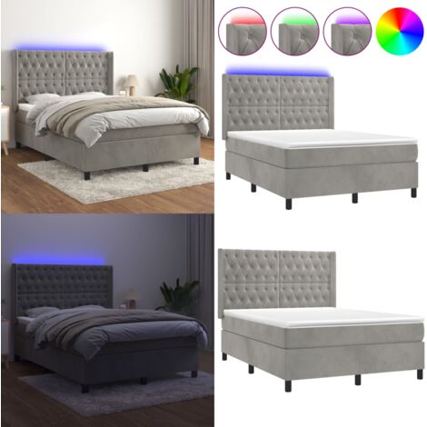 Cama box spring colchón y LED terciopelo gris claro 140x200 cm - Colchón con LED - Cama de terciopelo
