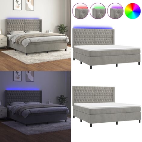 Cama box spring colchón y LED terciopelo gris claro 160x200 cm - Colchón con LED - Terciopelo gris claro