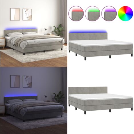 Cama box spring colchón y LED terciopelo gris claro 160x200 cm - Colchón con luz LED - Cama box spring