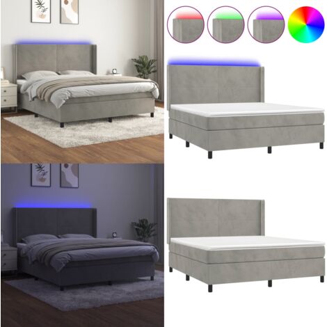 Cama box spring colchón y LED terciopelo gris claro 160x200 cm - Colchón LED - Terciopelo gris claro