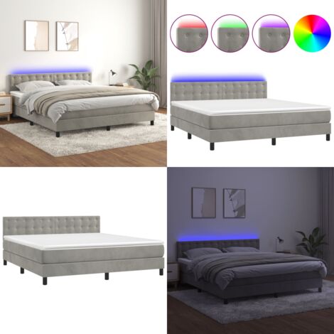 Cama box spring colchón y LED terciopelo gris claro 180x200 cm - Colchón con LED - Cama box spring