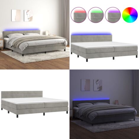 Cama box spring colchón y LED terciopelo gris claro 200x200 cm - Colchón LED - Terciopelo gris claro