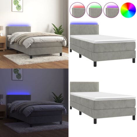 Cama box spring colchón y LED terciopelo gris claro 80x200 cm - Colchón LED - Terciopelo gris claro