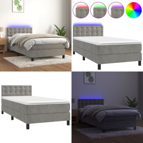 Cama box spring colchón y LED terciopelo gris claro 90x190 cm - Colchón con LED - Cama box spring