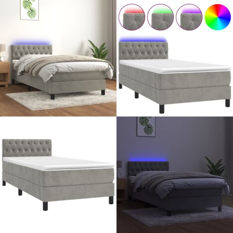 Cama box spring colchón y LED terciopelo gris claro 90x200 cm - Colchón con LED - Cama box spring