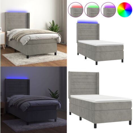Cama box spring colchón y LED terciopelo gris claro 90x200 cm - Colchón LED - Terciopelo gris claro