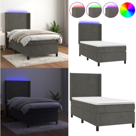 Cama box spring colchón y LED terciopelo gris oscuro 100x200 cm - Colchón con luz LED - Cama con luz