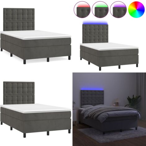Cama box spring colchón y LED terciopelo gris oscuro 120x190 cm - Colchón con LED - Cama de terciopelo