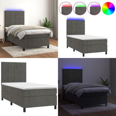 Cama box spring colchón y LED terciopelo gris oscuro 90x190 cm - Colchón con LED - Cama de terciopelo