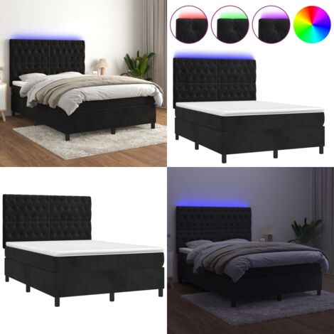 Cama box spring colchón y LED terciopelo negro 140x200 cm - Colchón con LED - Terciopelo negro