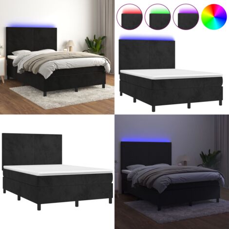 Cama box spring colchón y LED terciopelo negro 140x200 cm - Colchón con LED - Terciopelo negro