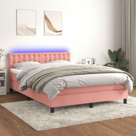 Cama box spring colchón y LED terciopelo rosa 140x190 cm