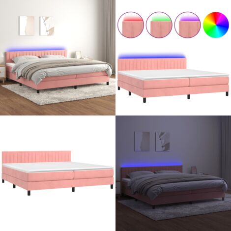 Cama box spring colchón y LED terciopelo rosa 200x200 cm - Colchón con luz LED - Cama box spring