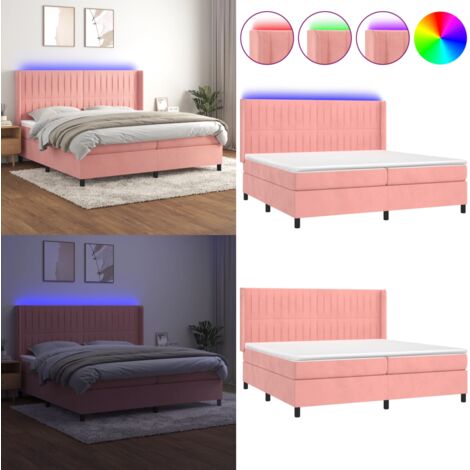 Cama box spring colchón y LED terciopelo rosa 200x200 cm - Colchón con luz LED - Cama box spring