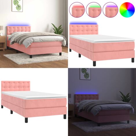 Cama box spring colchón y LED terciopelo rosa 80x200 cm - Colchón con LED - Cama box spring
