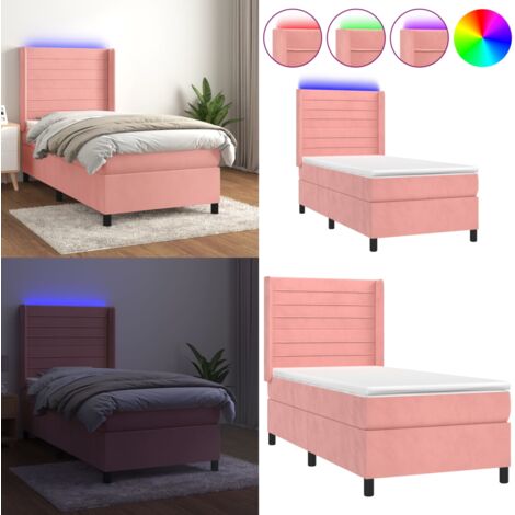 Cama box spring colchón y LED terciopelo rosa 80x200 cm - Colchón con luz LED - Cama con luz
