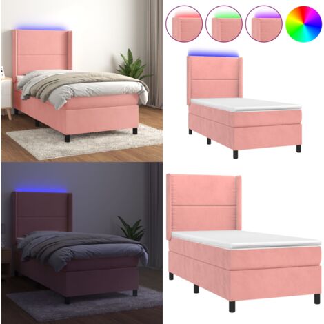 Cama box spring colchón y LED terciopelo rosa 80x200 cm - Colchón con luz LED - Cama con luz